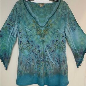Energe world wear. Teal,Gold,Greens, blue purple-top with embroidered front